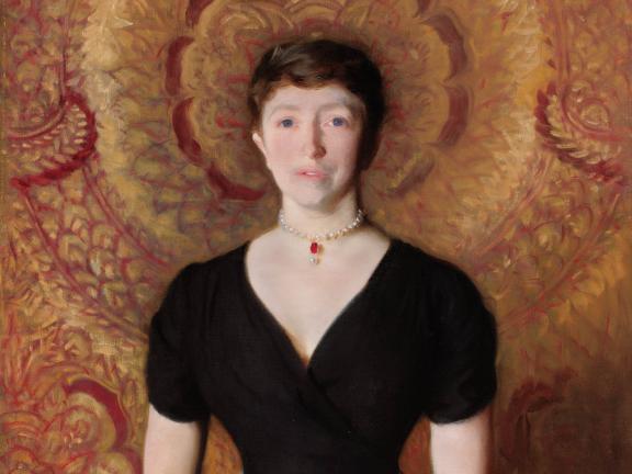 A detail of a painting of Isabella Stewart Gardner. 