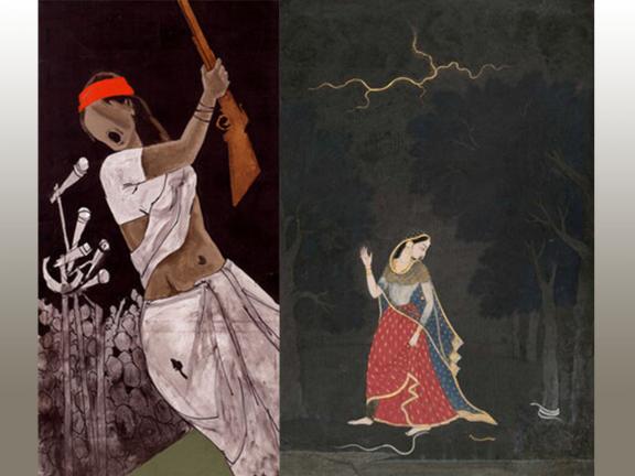 2 images: woman in white garment and red headband holding a gun, woman out in woods at night