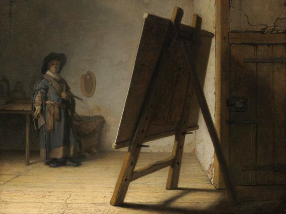 Detail of painting by Rembrandt, depicting artist in wide-brimmed hat standing in background, looking at canvas on easel in foreground