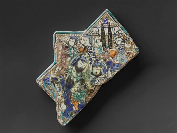 Tile decorated with human figures, horses and drums.