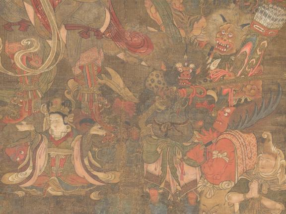 A detail of silk patterned with ink, silver, and gold, depicting human and non-human figures. 