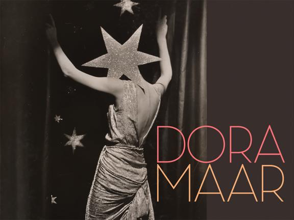 Cover of book, Dora Maar, with a black and white photograph of a woman wearing an evening gown.