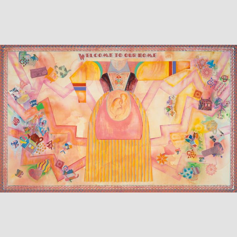 A painting of many small houses, hearts, teapots, and suns, with a large dress in the middle and the saying "Welcome to Our Home" over the dress.