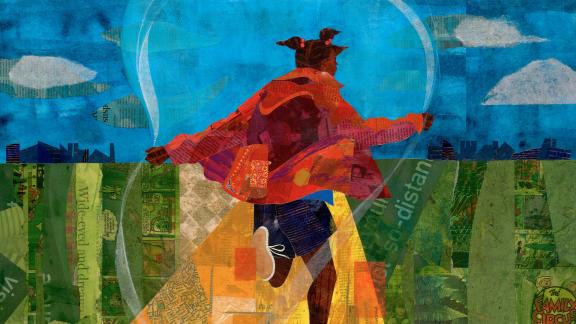 detail of collage depicting young girl with a jump rope skipping down a golden path in the middle of a grassy terrain with a bright blue sky and puffy white clouds overhead