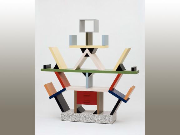 Room divider with brightly painted geometric shapes