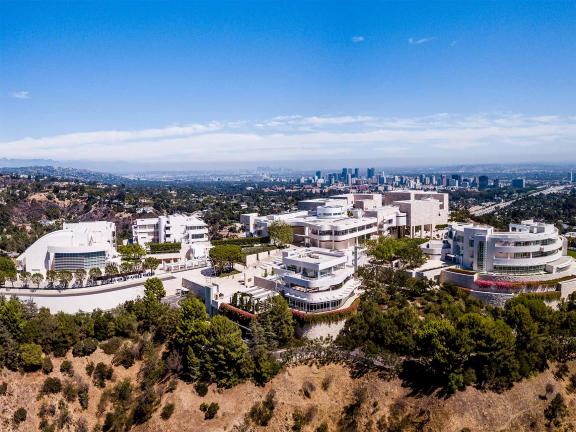 Color photo of large group of buildings, the Getty Center.