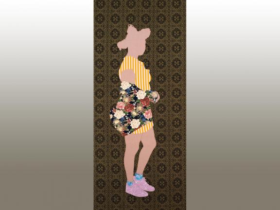 Fabric collage of a woman wearing shorts and a hat.