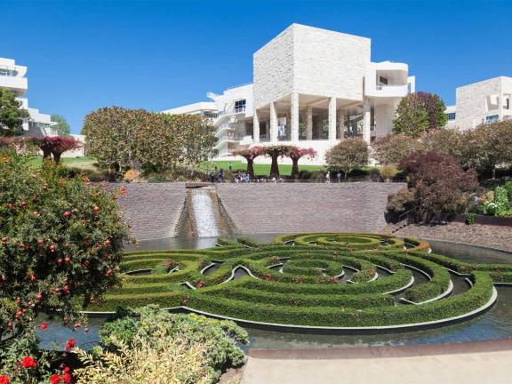 The gardens and exterior of the John Paul Getty Museum in Los Angeles, California
