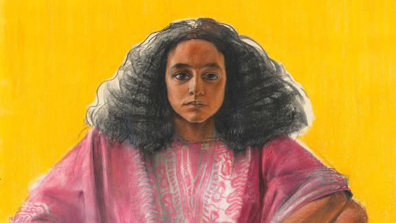 Detail of crayon and charcoal drawing of young Black woman wearing dark pink poncho in front of yellow wall