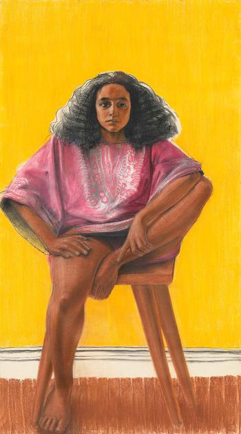 Crayon and charcoal drawing of young Black woman wearing dark pink poncho, sitting on wooden stool in front of yellow wall