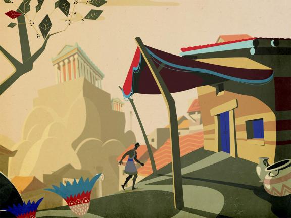 Illustration of a landscape of Ancient Greece.