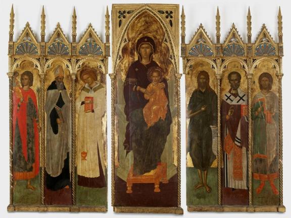 Painted altarpiece depicting Virgin and Child with Saints Christopher, Augustine, Stephen, John the Baptist, Nicholas, and Sebastian.