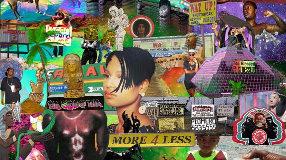 detail of colorful collage of many faces, typography, and commercial references