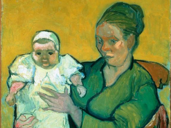 A painting of Madame Roulin in a green dress sitting in a chair holding up her baby Marcelle who wears an all white outfit. 