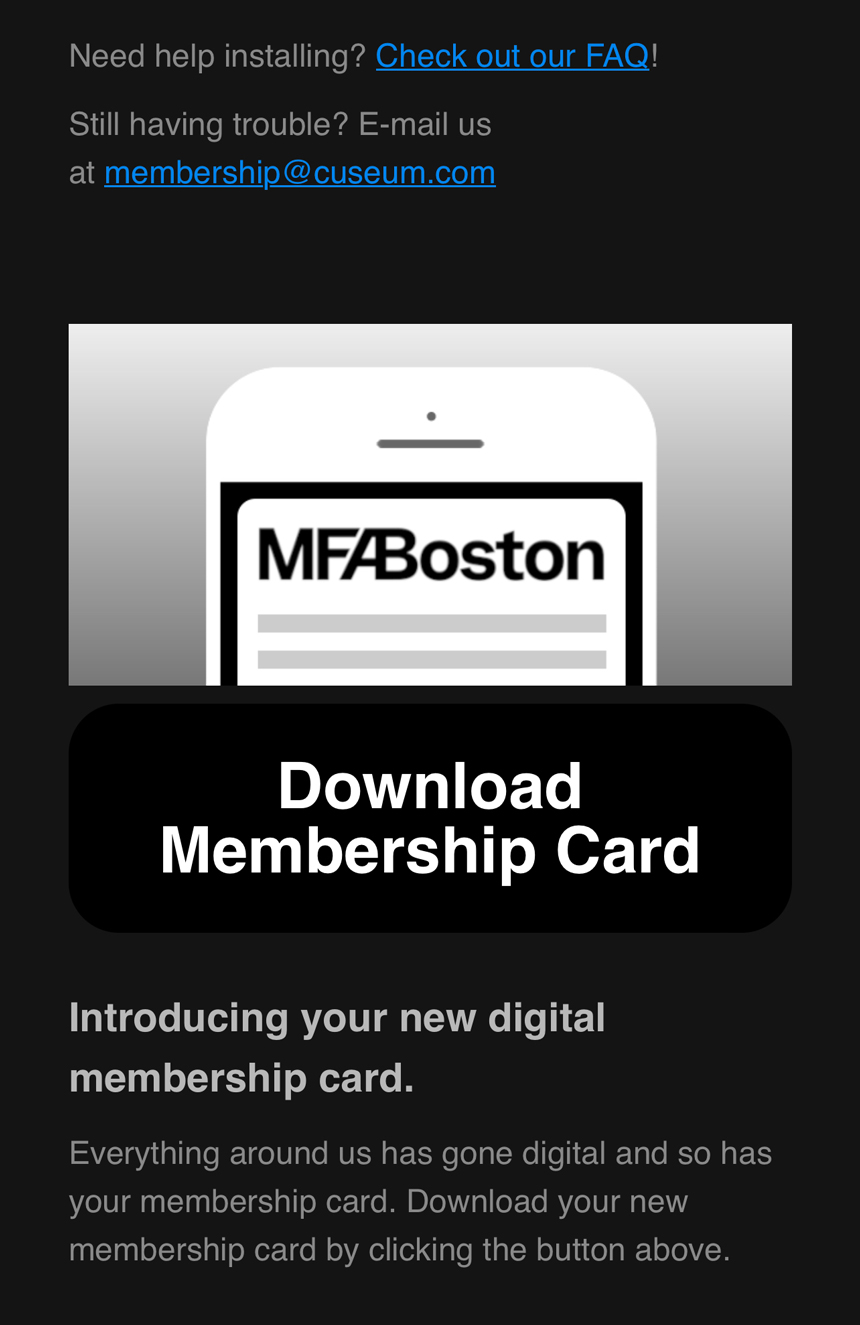 Screenshot of MFA Membership welcome-email, with Download Membership Card button in the middle