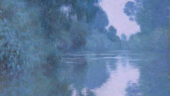 detail of impressionist painting depicting Seine River in a purplish morning hue with tall trees on river bank