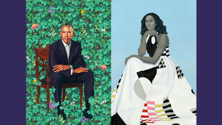 Left: President Barack Obama sits in a wooden chair in front of a wall covered with leaves and flowers. Right: First Lady Michelle Obama sits against a light blue background with her head resting on her hand.