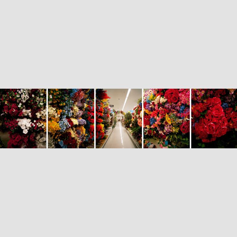 A pentaptych photograph of a store aisle's shelves filled with artificial flowers.