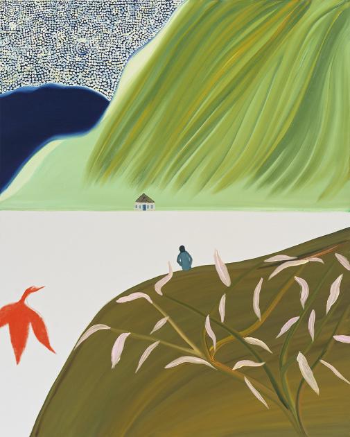 Matthew Wong, See you on the Other Side (detail), 2019: a small, dark figure sits on a hillside and stares off in the distance at a house in front of a large green mountain that scales upward and out of frame.