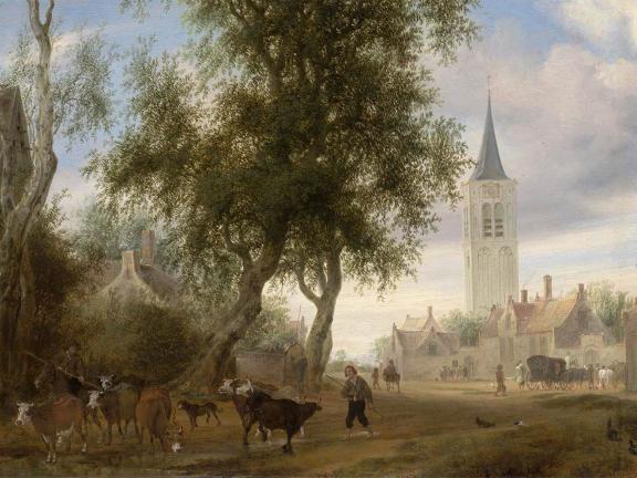 Landscape of a rural village with two men tending cattle in the foreground.