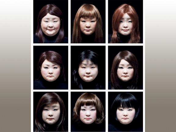 Color photographs: grid of 9 portraits of women.