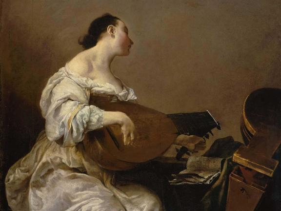 painting of a woman in a dress tuning a lute