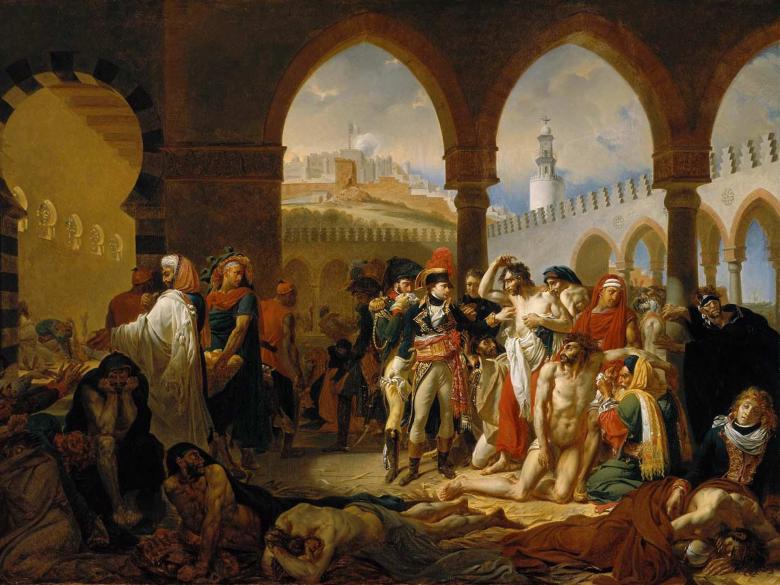 Napoleon is shown visiting a convent in Jaffa that had been transformed into a hospital to house French soldiers devastated by the plague