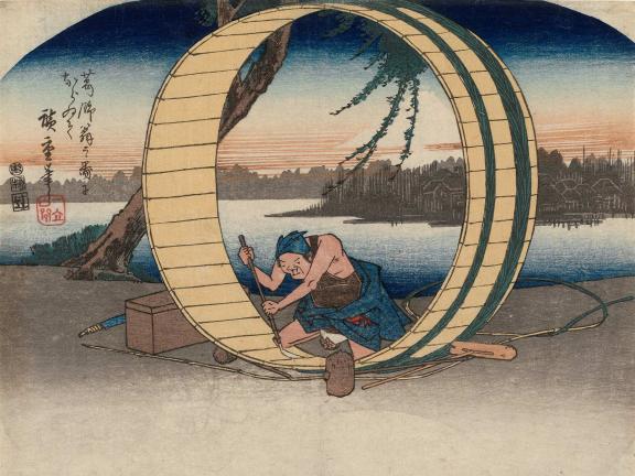 A woodprint artwork depicting a barrel-maker at work along a body of water.