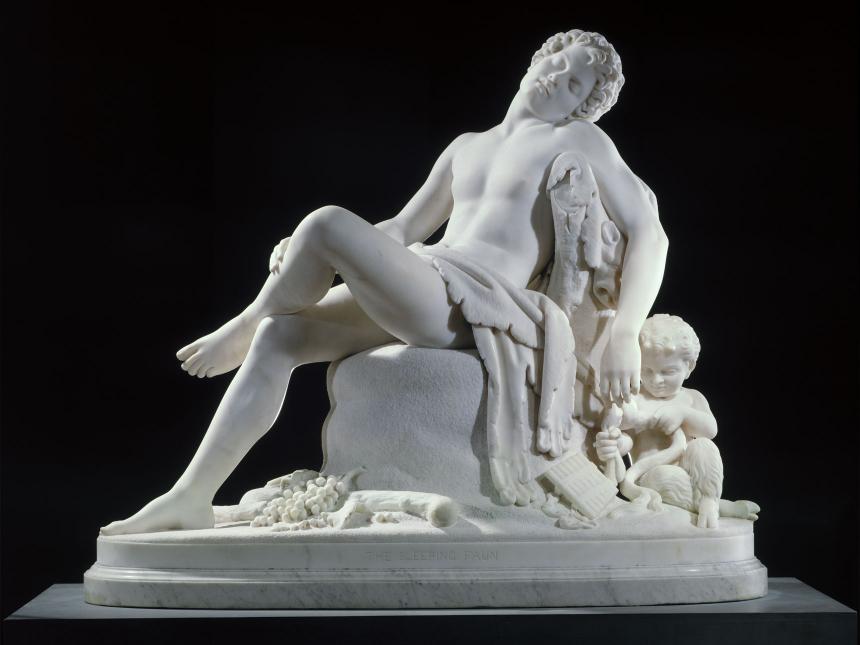 marble sculpture of Faun sleeping upright on rock