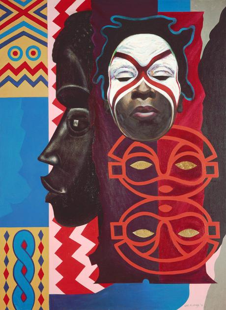 painting of figure wearing mask, with African tribal sculpture behind it, and various patterns in the background