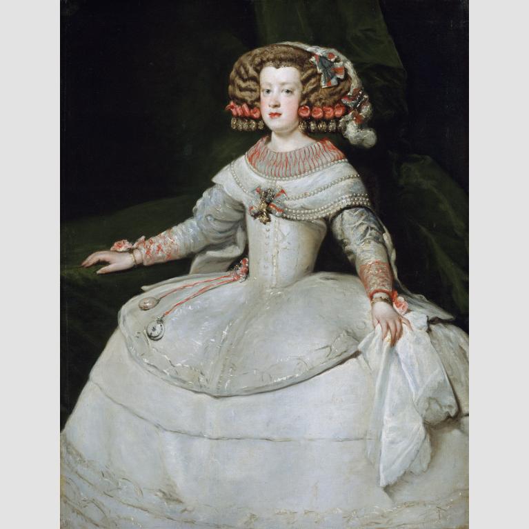A painting of Maria Theresa, the daughter of Spain's King Philip IV, in a voluminous white dress and adorned hair.