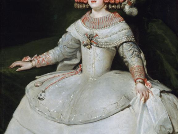 A painting of Maria Theresa, the daughter of Spain's King Philip IV, in a voluminous white dress and adorned hair. 