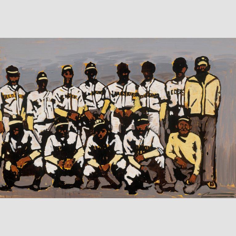 A painting resembling a group photo of players and staff of a baseball team, "The Redskins"