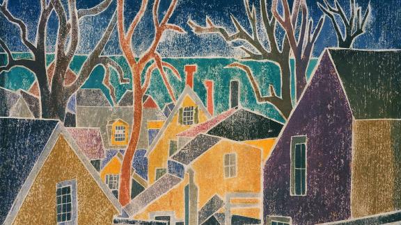 detail of painting depicting neighborhood of modest houses and trees in the foreground as the ocean sweeps across the background.