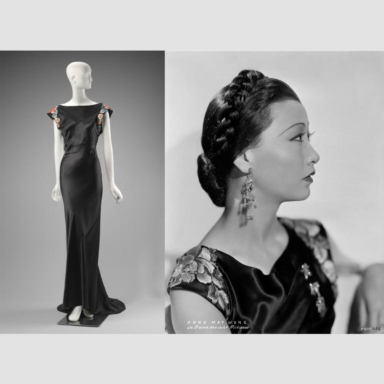 A composite image of a mannequin on the left wearing a shiny black gown and actress Anna May Wong on the right wearing the same gown as she poses for a portrait.