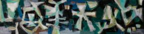 A slim rectangular painting of abstract white shapes imposed on and flourished with black, green, blue, and brown strokes.