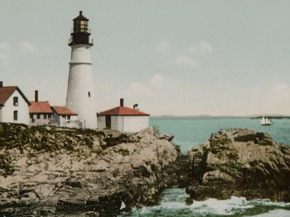 A detail of a postcard of the Portland Head lighthouse in Maine.