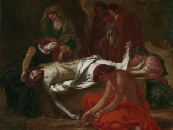  In this scene, the Virgin Mary (left), Saint John (foreground), and four other mourners gather around the body of Christ