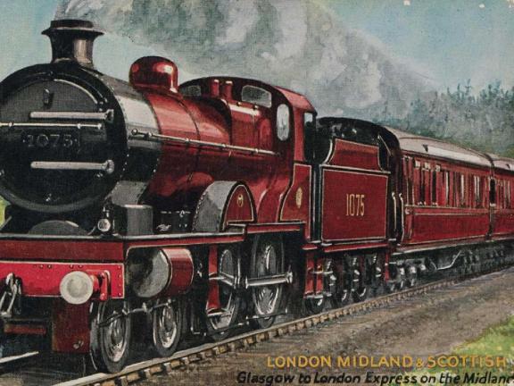 postcard with a drawing of a red train on it