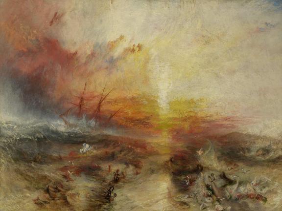 Impressionistic painting depicting sunset-lit ocean with tall sailing ship in the distance, and bodies and cargo floating in waves in foreground.