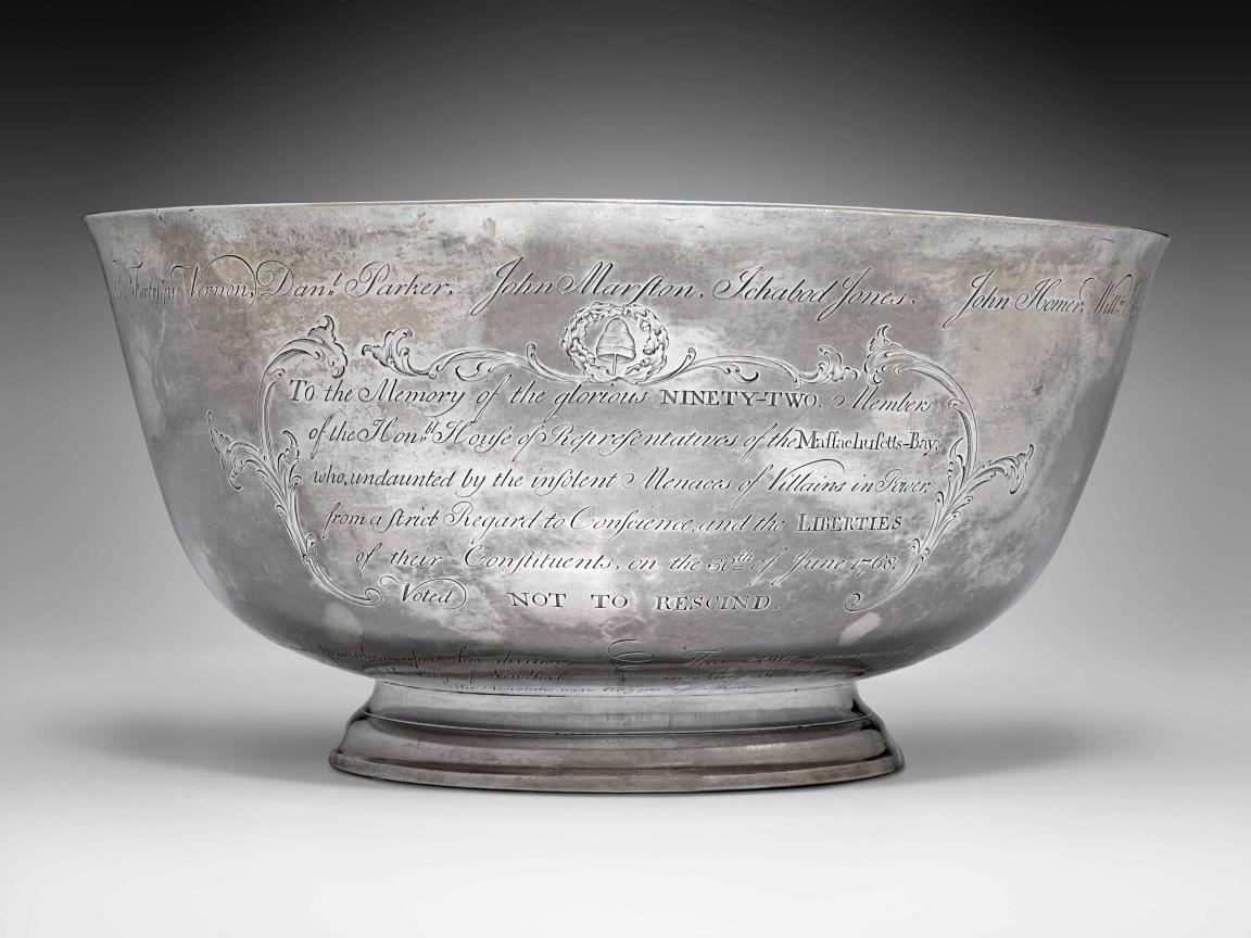 Sons of Liberty bowl: wide silver bowl with base and inscription