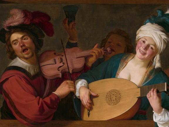 A man in a feathered hat plays a violin and a cheery woman in a turban plays a lute.