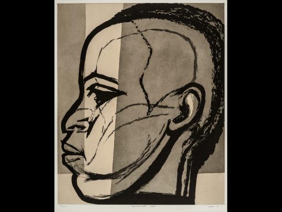 John Wilson's neutral-pallete drawing of the profile of his Monumental head artwork.