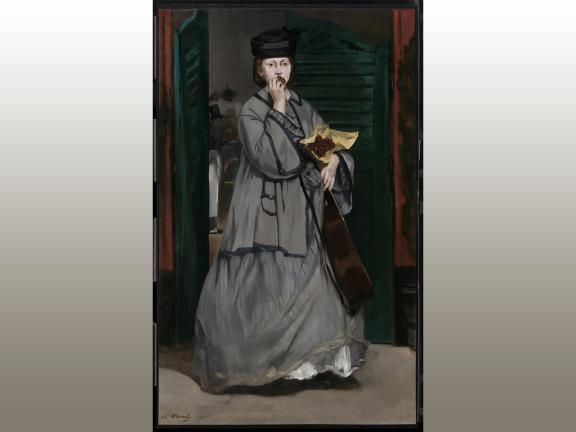 A painting of a musician outside of a Paris cafe, awkwardly holding her guitar while eating from a cloth full of cherries.  