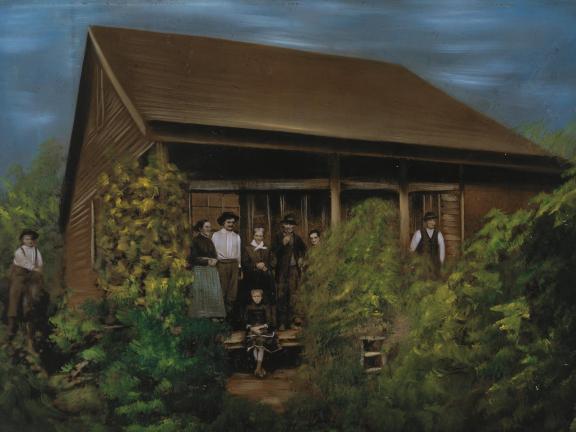 A painting of a group of people standing on the porch of a wooden house surrounded by trees and bushes. 