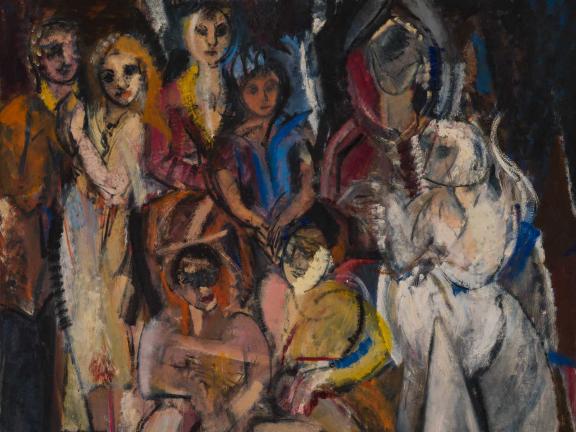 Oil painting depicting group of abstract female nude figures