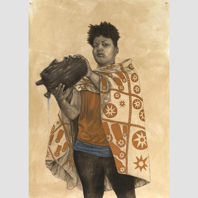 A drawing of a young person with a patterened cloth around their shoulders like a cape, pouring liquid out of a jug.