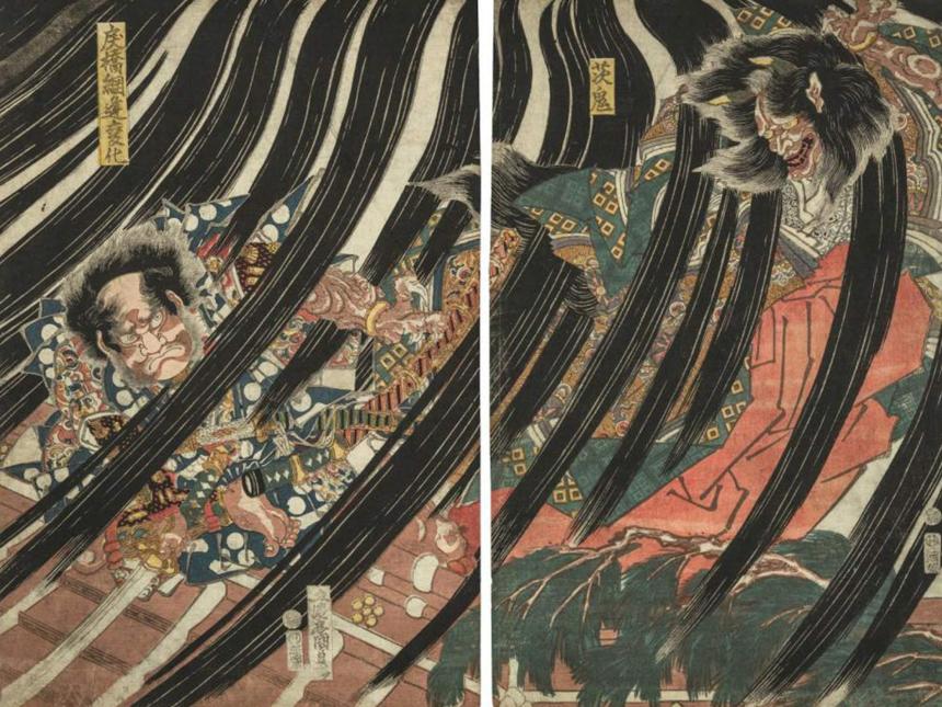 A woodblock print of two Japanese warriors battling each other.