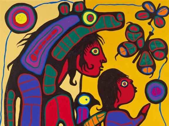 Colorful painting depicting a father wears a bear skin over his head and watches butterflies with his son. 