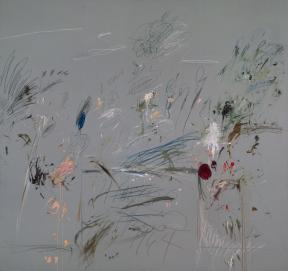 An artwork with a gray background, various smudges of color, and the terms "Il Parnasso" and "1964."